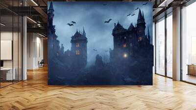 Spooky old gothic castle, foggy night, haunted mansion Wall mural