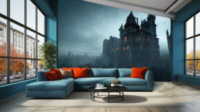 Spooky old gothic castle, foggy night, haunted mansion Wall mural