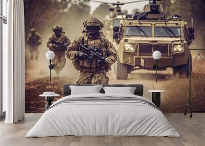 anti terrorist special force squad on action with military troops carrier in background Wall mural