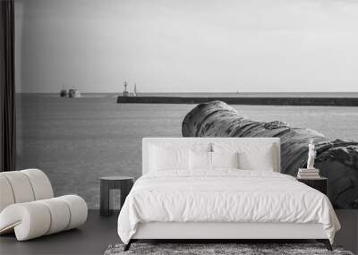 Vendée, FRANCE; May 27, 2021: Black and white photo of the cannon of the entrance to the port of Saint Gilles Croix de Vie, English cannon from 1747 sunk on the island of Noirmoutier.  Wall mural