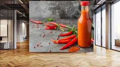 Photograph of a glass bottle of red hot chili pepper sauce with blank space for logo or advertisement. Wall mural