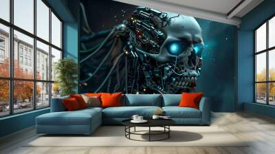 Sci-fi depiction of an evil cyborg with a skull hooked up to extraterrestrial equipment. Wall mural