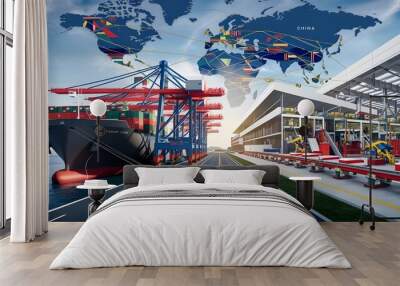 Global Trade:  A sprawling container ship, a bustling port, and a vast world map converge, illustrating the interconnectedness of global trade.  The image evokes a sense of movement, efficiency. Wall mural