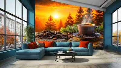 cup of hot coffee on a wooden background Wall mural