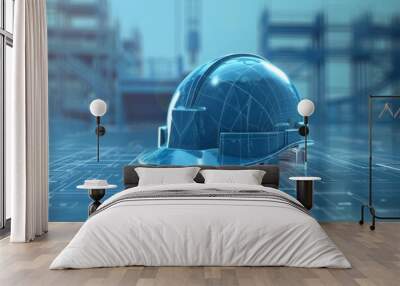 3d rendering and blueprint concept of hard hat with architectural background for construction design Wall mural