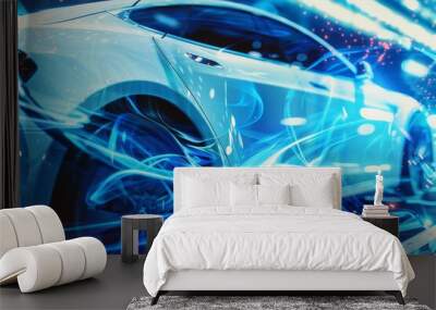 Abstract electric vehicle charging  blue energy waves, white car, dynamic background Wall mural