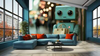 Adorable robot carrying a shopping bag  a charming blend of technology and retail fun Wall mural