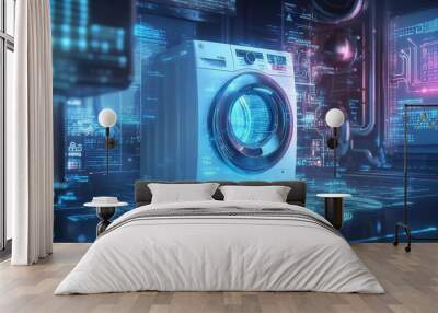 Ai enhanced washing machine amid digital data and holograms in a futuristic tech environment Wall mural