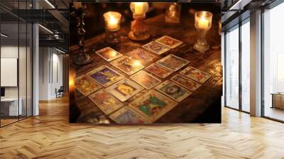 An array of tarot cards displayed on a fortune teller s desk, bathed in warm candlelight Wall mural