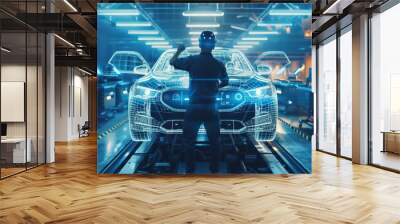 Automotive engineer at futuristic assembly line using advanced technology for car manufacturing Wall mural