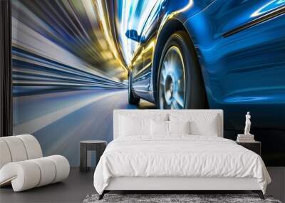 Blue business car speeding in high speed turn on the highway, rushing in rear view Wall mural