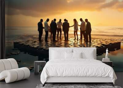 Business people jigsaw puzzle team collaboration concept on light background with sun Wall mural