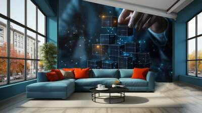 Businessman assembling blocks in a digital environment symbolizing business growth and development Wall mural