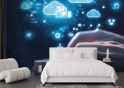 Businessman engaged in cloud technology with data connection icons and digital marketing background Wall mural