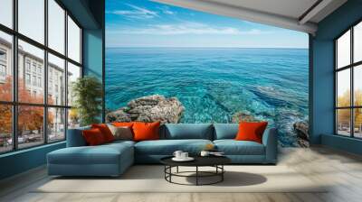 Calm blue mediterranean ocean water and sky with open horizon, tranquil relaxing seaside view Wall mural