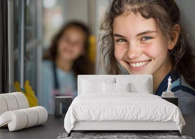 Cheerful teenage girl cleaning the door with her sister in the background at home Wall mural