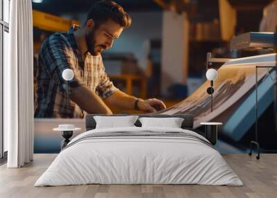 Close up of a male graphic designer operating a large printer for posters and brochures Wall mural