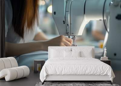 Close up of a woman sewing fabric in a state of the art textile manufacturing facility Wall mural