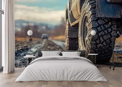 Close up of off road truck with large tires on gravel road, perfect for adventure and travel Wall mural