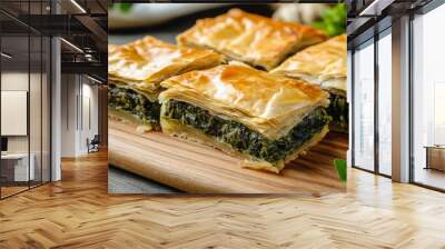 Closeup of delicious golden brown spanakopita slices on rustic wooden cutting board Wall mural