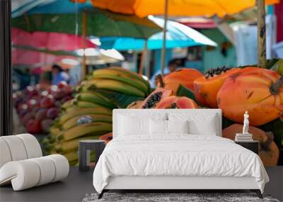 Colorful tropical market stall with exotic papayas, umbrellas, and palm leaves for vacation vibes Wall mural