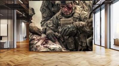 Combat medic administering first aid to injured soldier on battlefield during intense conflict Wall mural