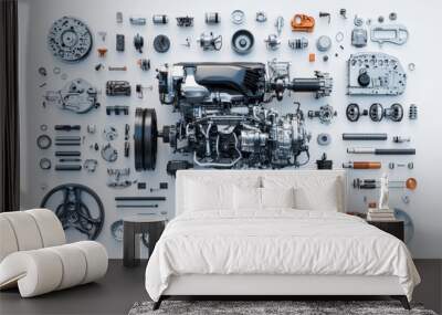 Detailed 3d rendering of car engine and components on white background with studio lighting Wall mural