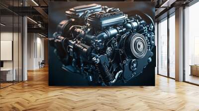 Detailed black and white car engine illustration for web design and high resolution photography Wall mural