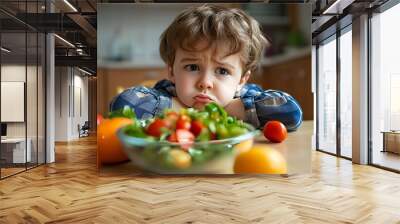 Displeased young boy refuses to eat salad and fruit from bowl at the dining table Wall mural