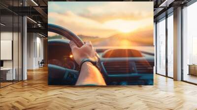 Driver s hands steering wheel summer road trip at sunset adventure travel vacation drive Wall mural