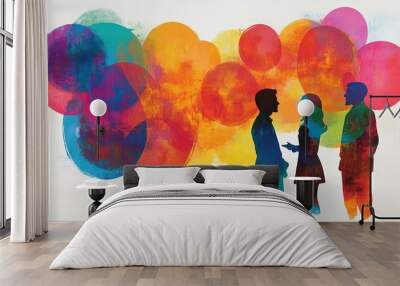 Dynamic interaction  two stylized figures in a colorful dialogue with overlapping speech bubbles Wall mural