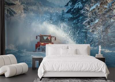 Efficient snow blower vehicle clears heavy snow to maintain winter roads during snowy seasons Wall mural