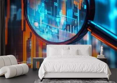 Exploring stock market trends  a magnifying glass focused on an upward graph with abstract colors Wall mural