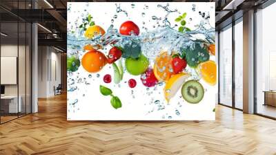 Fresh fruits and vegetables splashing in blue water - healthy diet concept, white background Wall mural