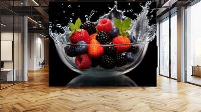 Freshly picked ripe wild berries gently falling into a glass bowl filled with refreshing water Wall mural