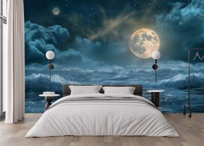 Full moon rising over the peaceful sea at night, scenic view of big blue moon among clouds Wall mural