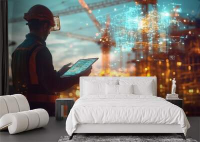 Futuristic construction site with engineer using tablet and holographic data network at dusk Wall mural