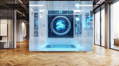 Futuristic laundry room featuring advanced technology and holographic display in a blue color scheme Wall mural