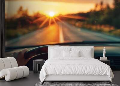 High-quality image of car driver on summer road trip at sunset, driving and steering wheel Wall mural