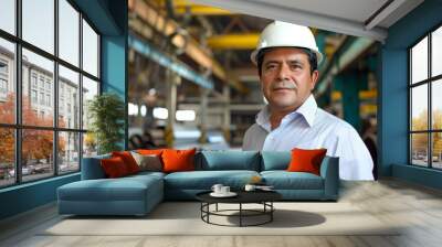 Hispanic male mechanical engineer in white hard hat at metal factory looking at the camera Wall mural