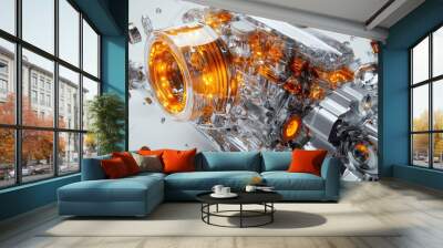 Hyper realistic 3d car engine rendering with intricate design and orange glow on white background Wall mural