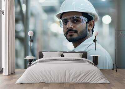 Indian male factory worker in safety glasses and hard hat operating industrial machinery Wall mural