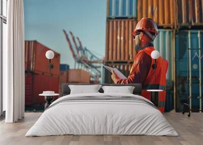 Industrial shipping terminal manager overseeing container operations for efficient shipment handling Wall mural