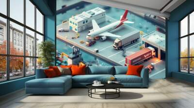 Integrated logistics hub with truck, airplane, and ship for multimodal transportation Wall mural