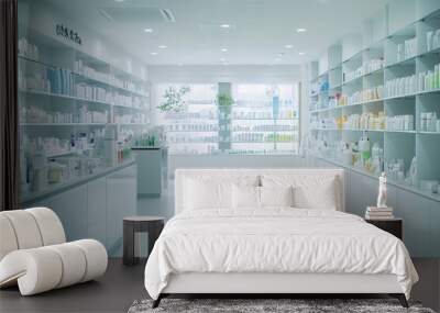 Interior view of a contemporary, unoccupied pharmacy with a stylish shop background Wall mural