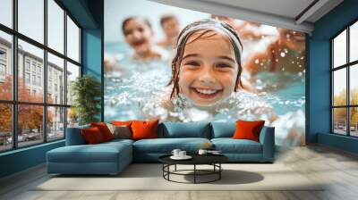 Joyful group of children engaged in swimming lessons at indoor pool during summer vacation Wall mural