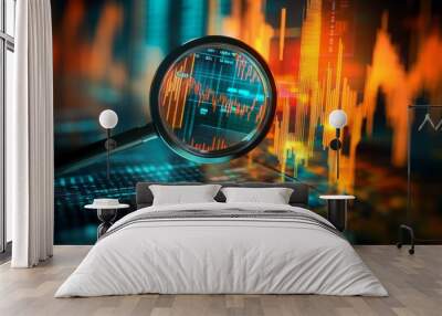 Magnifying glass over upward trending stock market graph with abstract blue and orange design Wall mural