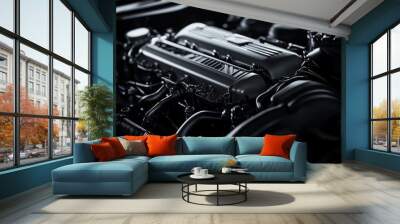 Monochrome car engine banner on dark background, high detail stock photo in hyper realistic style Wall mural