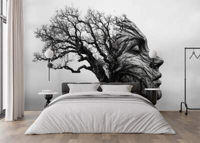 Monochrome surrealism  tree and human face merge in imaginative digital illustration Wall mural