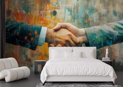 Partners engaging in a professional handshake  a captivating mixed media composition Wall mural